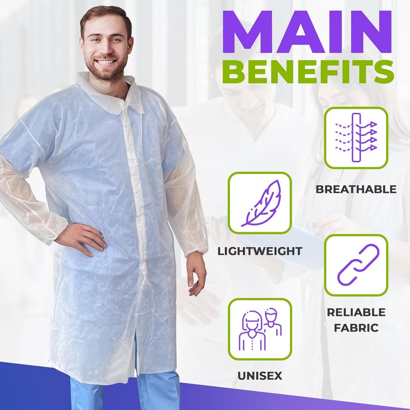 AMZ Medical Supply White Disposable Lab Coat, Large. 10 Pack 35 GSM Polypropylene Fabric Protective Coat. Knee-Length Disposable Lab Coats for Adults with Elastic Wrist, Loop Fasteners, No Pockets - Image 5